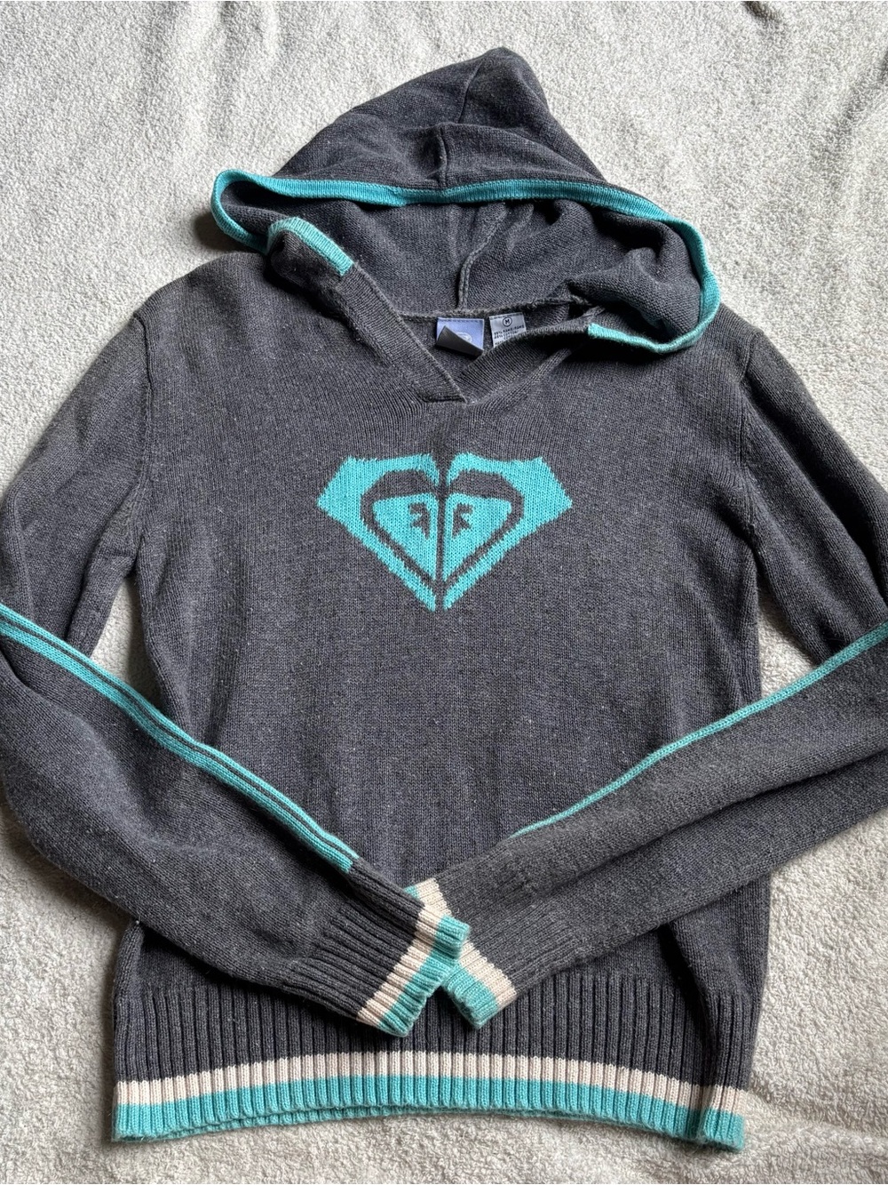 Roxy women’s Charcoal V-Neck Hoodie Sweater with Teal Accents